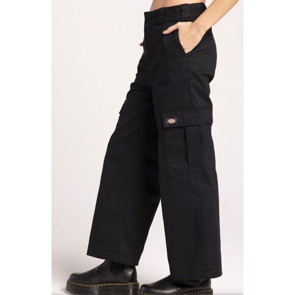 DICKIES Twill Urban Outfitters black Crop Cargo Wide Leg PANTS sz 8 M - Picture 1 of 9